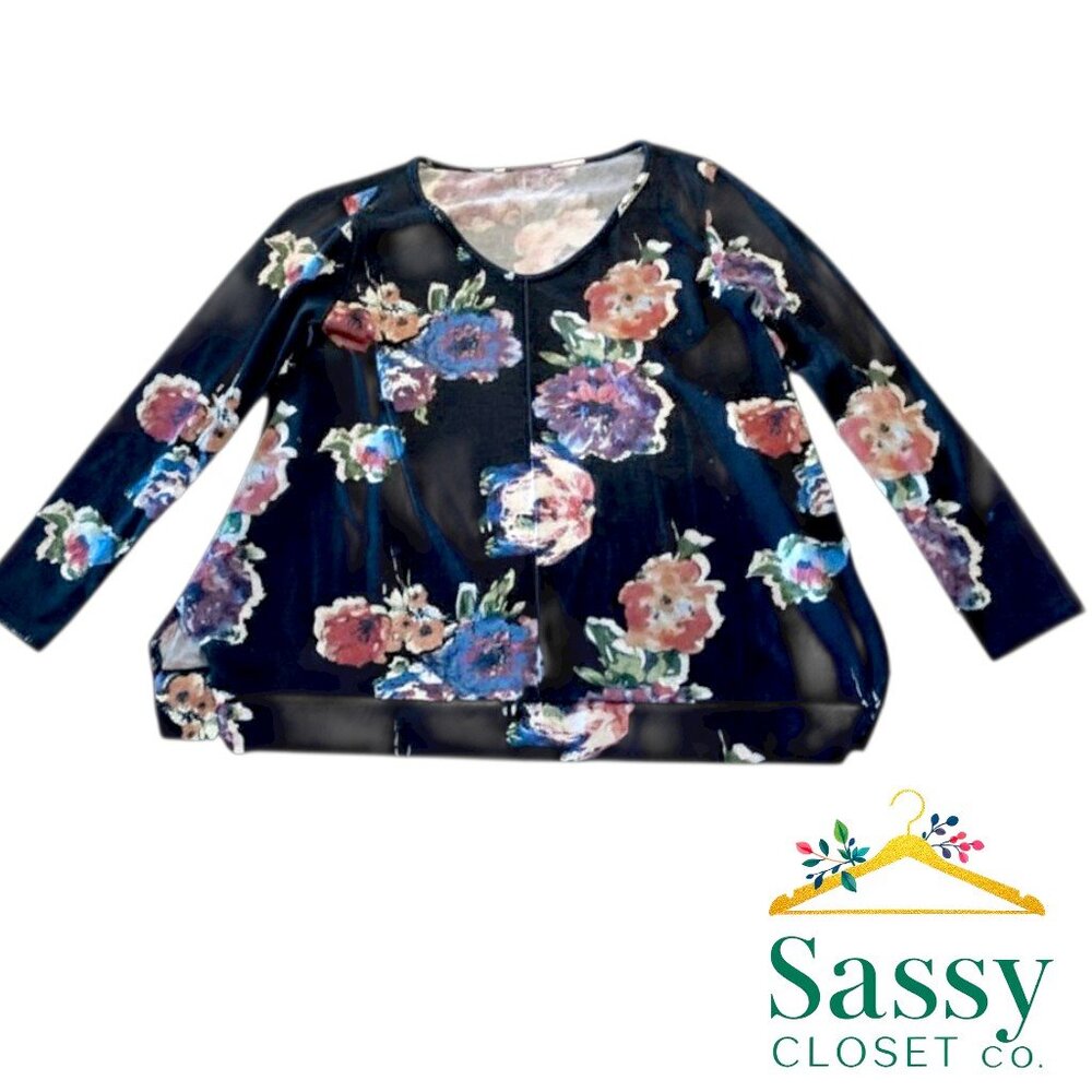 Soft Surroundings Black Floral V‑Neck Blouse Relaxed Fit Long Sleeve XS Made USA
